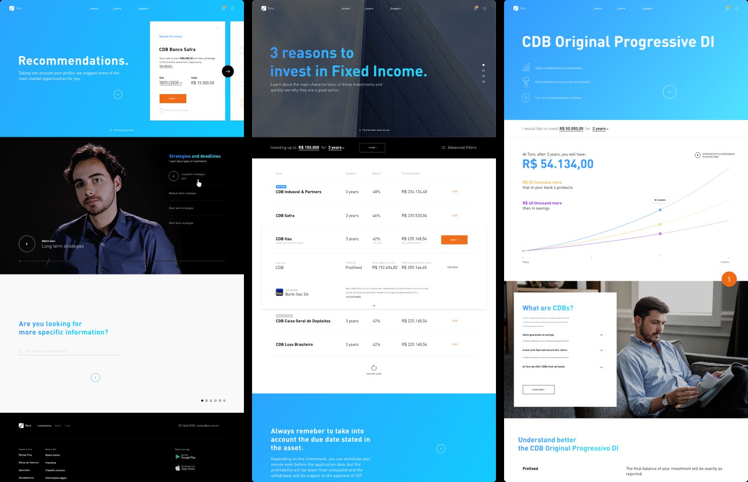 Toro app screens — home, category and asset pages